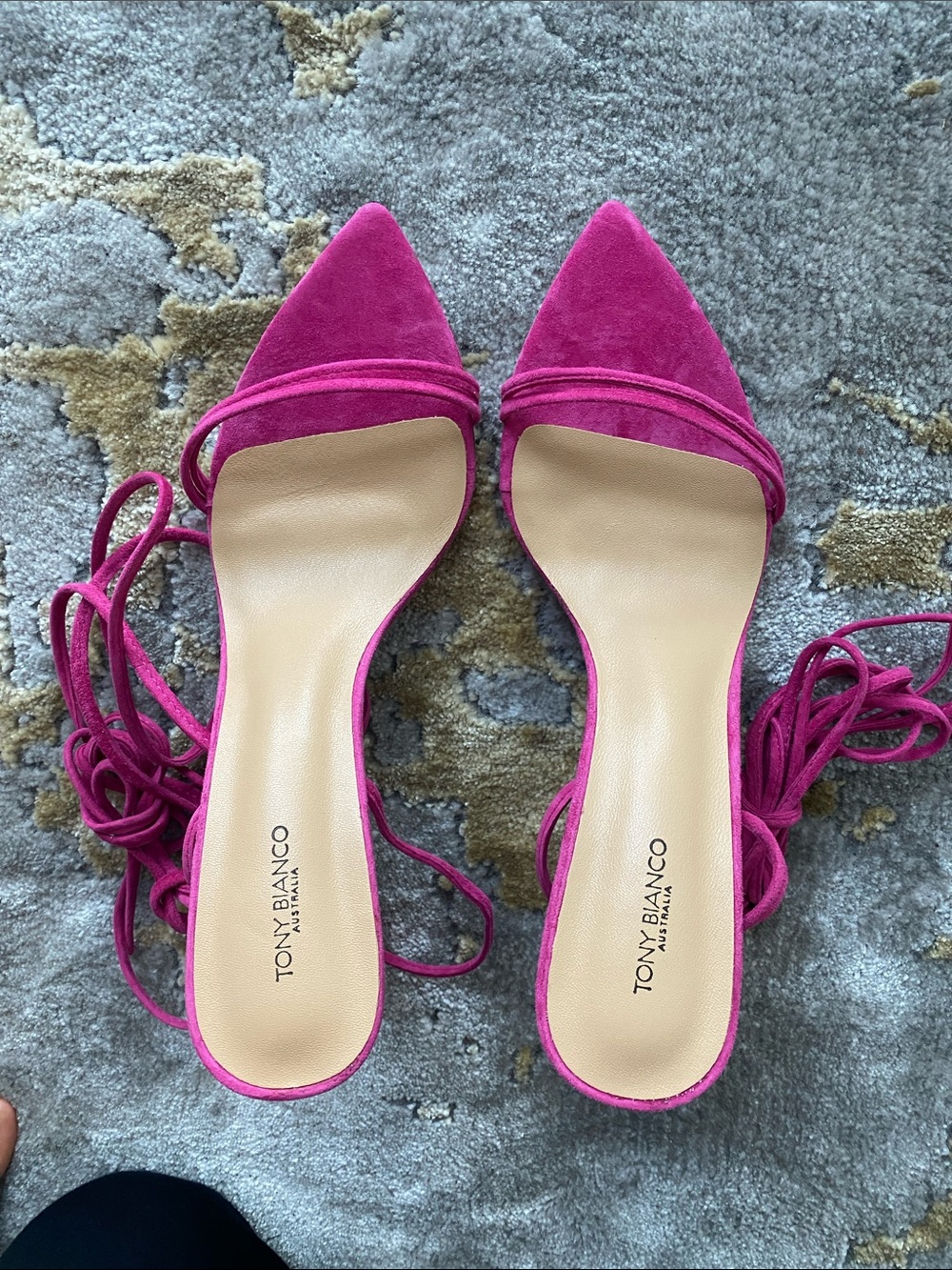 Tony Bianco Australia: Fuchsia Suede Pointed Lace-Up Mules. NWOT, no orig. box.
